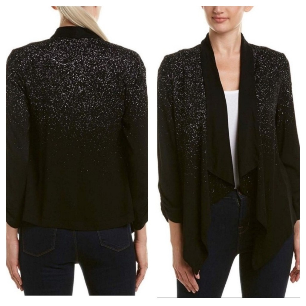Michael Stars Black Paint Splatter Ruched 3/4-Sleeve Open Waterfall Cardigan Xs